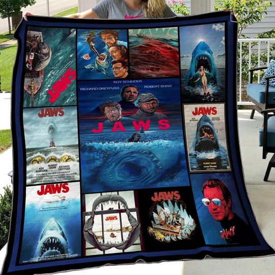 Lover Jaws Movie Quilt Blanket, Vintage Jaws Movie Cozy Quilt Blanket, Movie Bedding Blanket, Gift For Fans, Christmas Blanket.