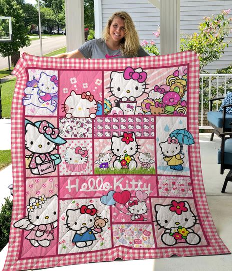 Hello Kitty Quilt Blanket, Funny Hello Kitty Blanket, Hello Kitty Bedding Blanket, Halloween Blanket, Christmas Blanket