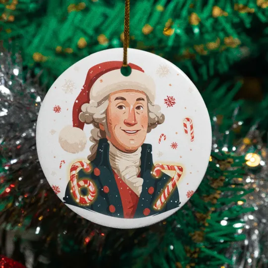 Patriotic Ceramic Xmas Ornament - George Washington with Santa Hat 6-7 Keepsake