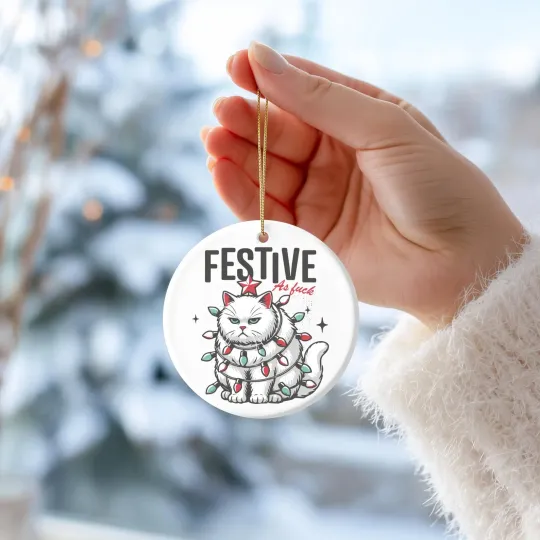 Discover Funny Christmas Cat Ornament Festive AF Grumpy Cat Covered in Christmas Lights