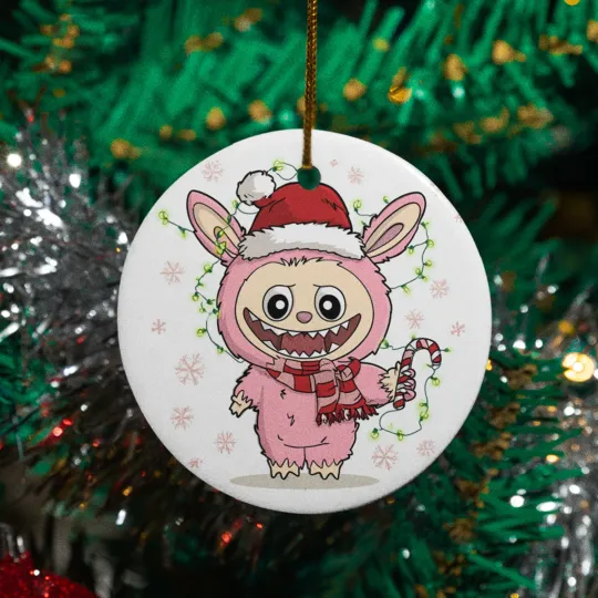 Discover Kawaii Creature Ceramic Christmas Ornament Pink La Bubu Monster with Candy Cane