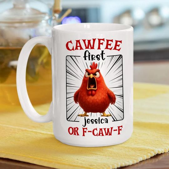 Discover No Talkie Before Cawfee - Personalized Custom Coffee Mug, Funny Chicken F-Caw-F Mug, F-Caw-F Chicken Humor, Funny Rooster Meme Coffee Mug