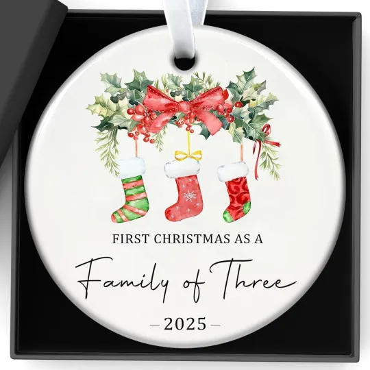 Discover Christmas Ornaments Our First Christmas As A Family of Three Ornament 2025 Baby