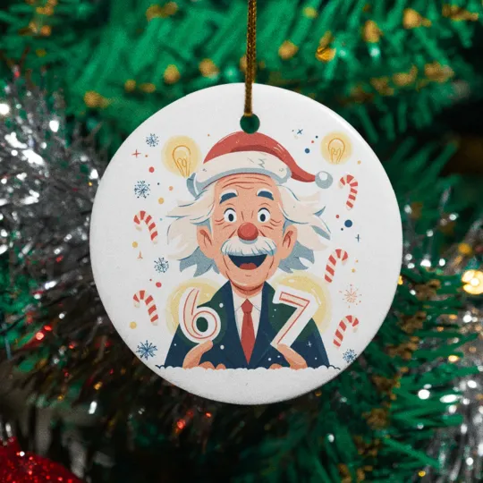 Discover Six Seven Ceramic Xmas Ornament - Albert Einstein with Santa Hat 6-7 Keepsake