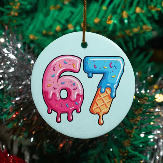 Discover Six Seven 67 Ice Cream Drip Ceramic Christmas Ornament - Meme Xmas Holiday Gift