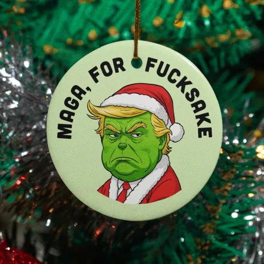 Funny Grumpy Santa Ceramic Christmas Ornament - Funny Anti Trump MAGA Keepsake