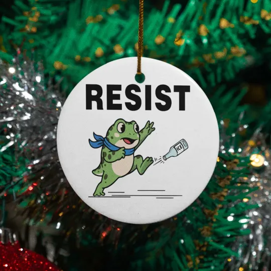 Cheerful Portland Frog Ceramic Christmas Ornament - Funny Resist Anti Ice Xmas