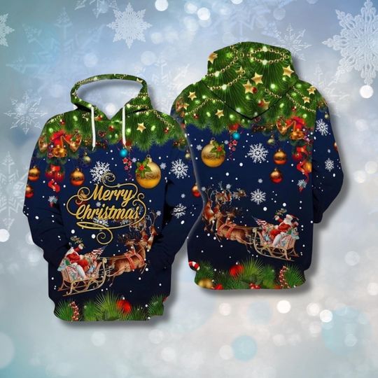 Discover Merry Christmas Santa Sleigh 3D Hoodie, Festive Ornaments Snowflake Holiday Pullover