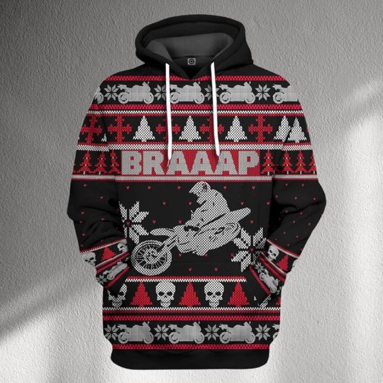 Discover BRAAAP Motocross Christmas Hoodie, Dirt Bike Skull Knit Print, Unisex Biker Holiday Sweater