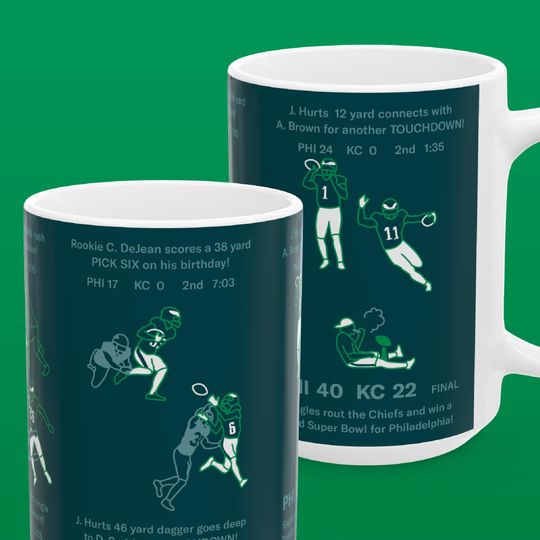 Philadelphia Eagles 15 oz xl Coffee Tea Mug, football Super Bowl LIX Champions 2024 Cooper DeJean Philly Graphic Sports Fan Art Gift Memorabilia