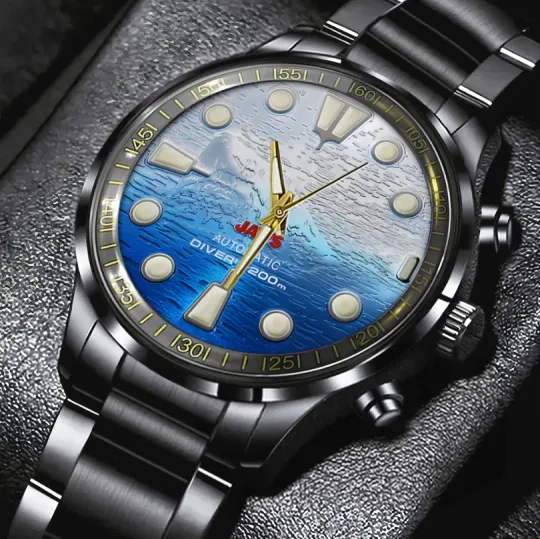 Discover Jaws Black Stainless Steel Watch for Men Accessories Jewelry Calendar Steel Band