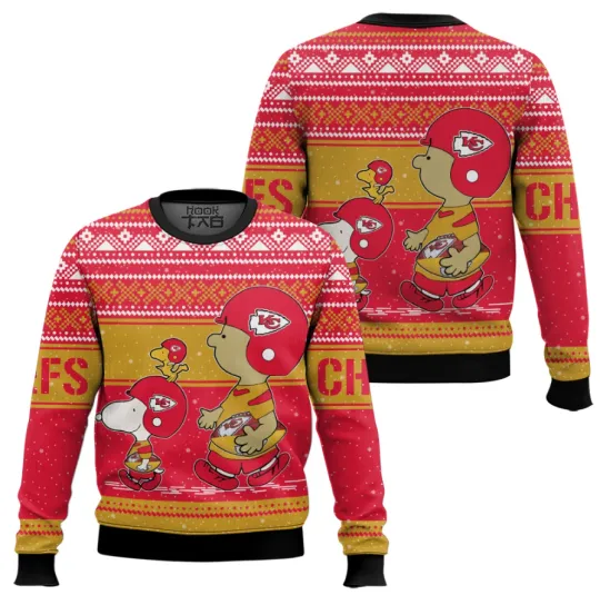 Cartoon Dog & Boy Holiday Ugly Sweater Inspired by Kansas City Football Fans