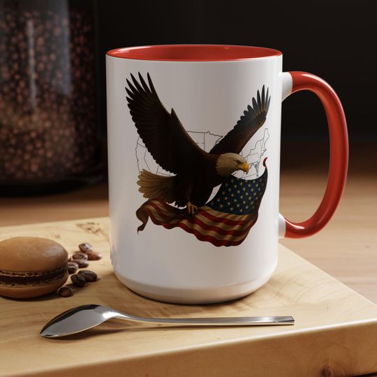 Flying Bald Eagle USA Map Flag Accent Coffee Mug | Patriotic Coffee Cup