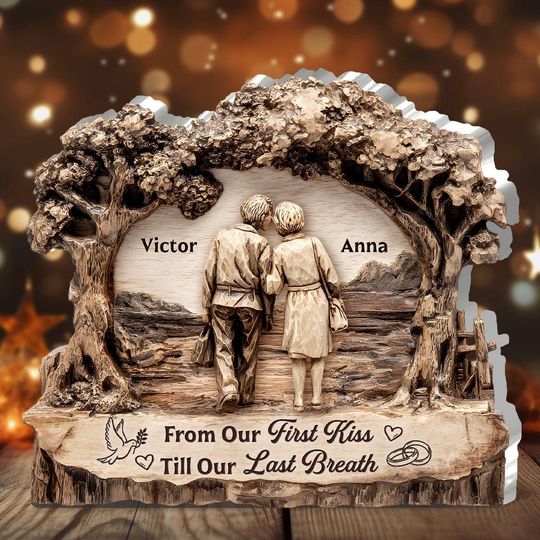 Discover Custom Couple Acrylic Plaque | From Our First Kiss Till Our Last Breath Gift | Personalized Heart Wood Design Anniversary Gift