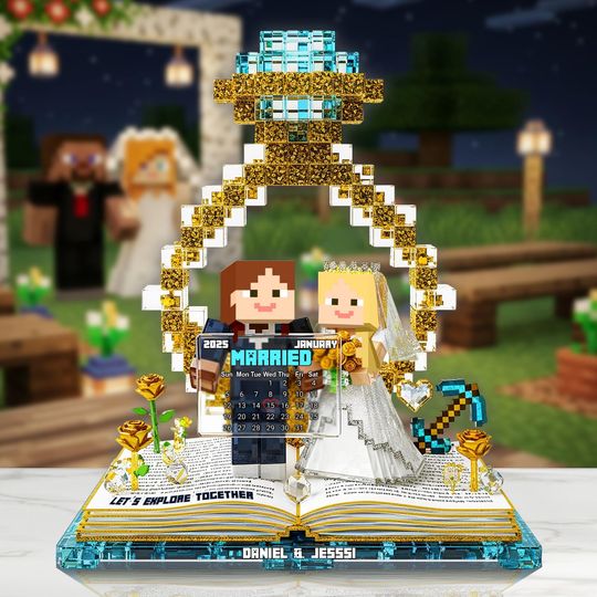 Minecraft Wedding Acrylic Plaque, Personalized Gamer Wedding Gift for Couple, Pixel Art Engagement Keepsake, Custom Married Calendar Sign