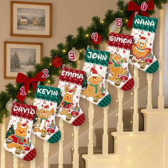 Discover Personalized Disney Gingerbread Pooh And Friends Xmas Stocking, Winnie The Pooh Gingerbread Christmas Family Stockings Home Decoration