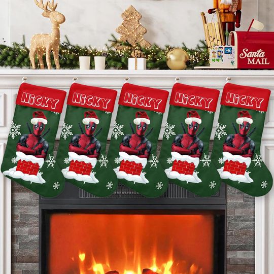 Discover Deadpool Santa Hat Xmas Stocking, Deadpool Christmas Stockings, Superhero Christmas Socks Home Decoration, Custom Name Stockings