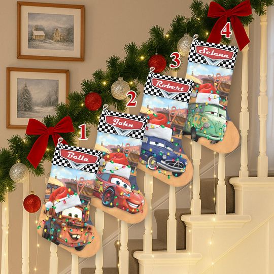 Discover Personalized Disney Pixar car Christmas Stockings, MCQueen Tow Mater Car Land Christmas Stockings, Disney Family Christmas Gifts