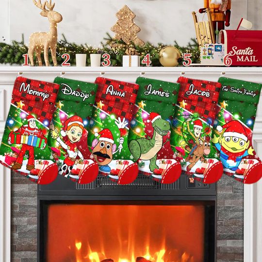 Discover Personalize Disney Toy Story Characters Santa Hat Xmas Stocking, Woody Buzz Lightyear Christmas Stockings, Toy Story Socks Home Decoration