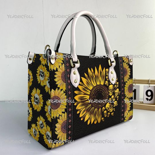 Discover Personalized Skull Sunflower Women Leather Bag, Sunflower Bags Purse, Sunflower Leather Handbag, Sunflower Women Handbag, Custom Leather Bag