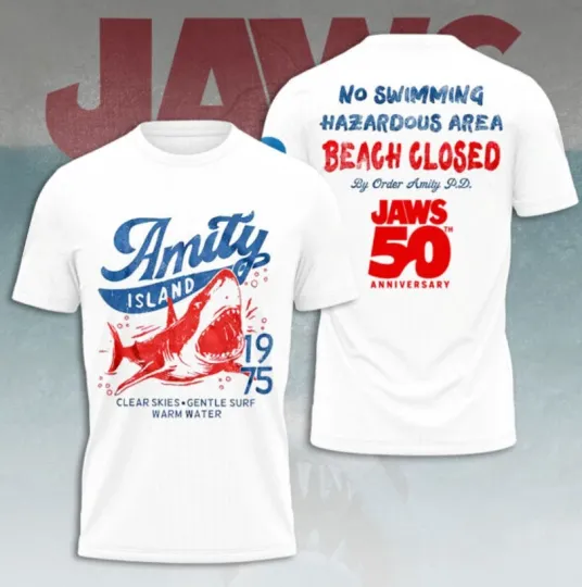 Discover Jaws 50th Anniversary No Swimming Hazardous Area T-Shirt