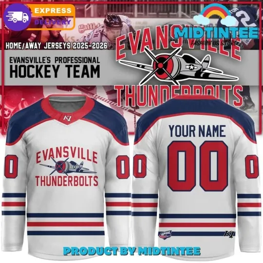 Discover Evansville Thunderbolt SPHL Team 2025 26 Hockey Jersey Custom Name And Number