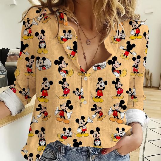 Discover Mickey All Print Women Linen Shirt, Mickey Women Casual Shirt, Mickey Casual Long Sleeve Button Down Shirt, Blouses For Women, Christmas