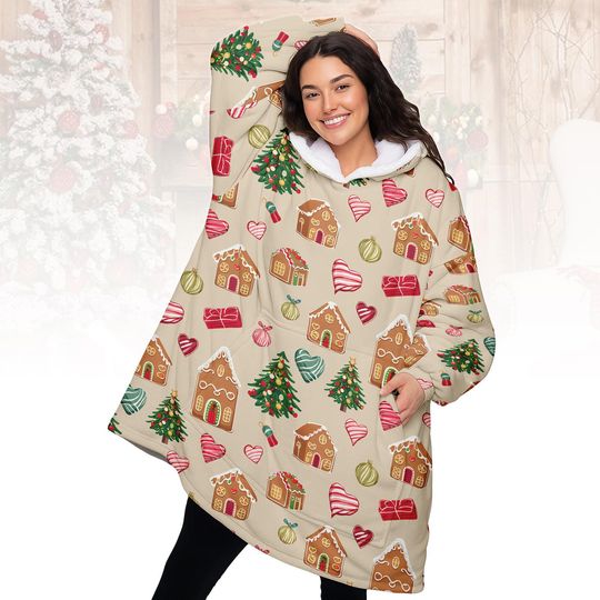 Discover Christmas Gingerbread Hoodie Blanket, Cozy Oversized Hoodie, Festive Xmas Hoodie, Wearable Blanket, Xmas Gift For Family
