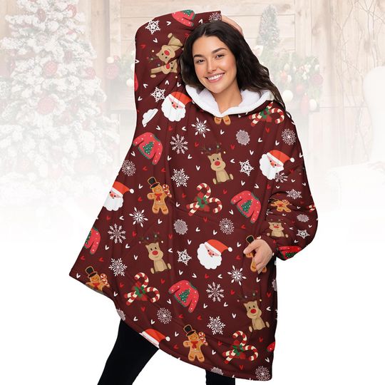 Discover Christmas Reindeer Hoodie Blanket, Santa Oversized Hoodie, Snowflake Xmas Hoodie, Oversized Wearable Blanket, Xmas Gift For Family