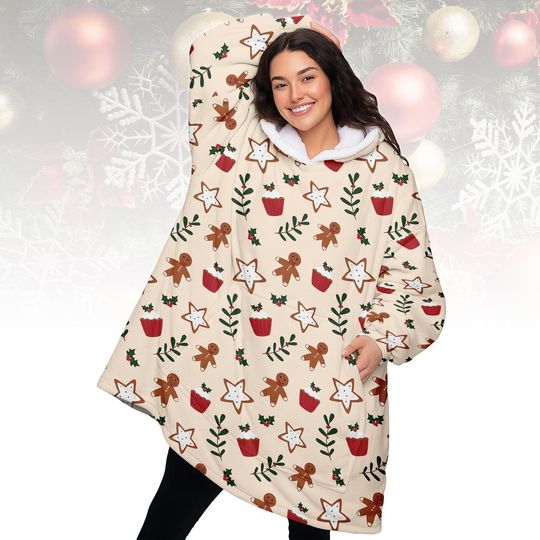 Discover Christmas Gingerbread Hoodie Blanket, Festive Oversized Hoodie, Cute Xmas Hoodie, Oversized Wearable Blanket, Xmas Gift For Family