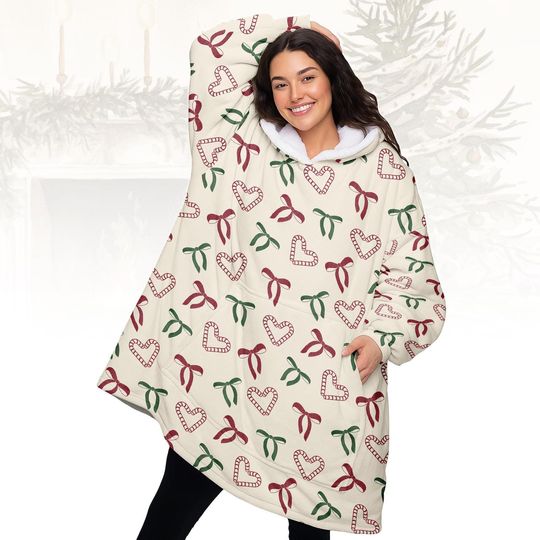 Discover Christmas Candy Cane Hoodie Blanket, Festive Oversized Hoodie, Cozy Xmas Hoodie, Wearable Blanket, Xmas Gift For Family