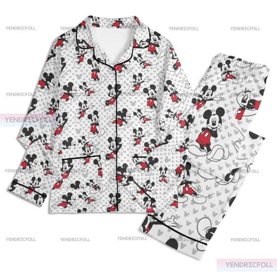 Discover Mickey Mouse Unisex Long Sleeve Adult Nightwear Pajama Set, Mickey Cartoon Pajamas Set, Silk Pajamas Set, Adult Pajamas Set, Christmas Gift
