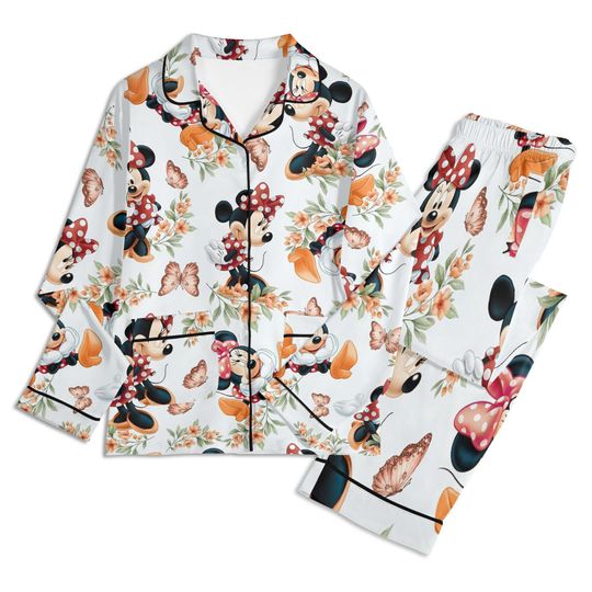 Discover Minnie Mouse Floral Unisex Long Sleeve Adult Nightwear Pajama Set, Minnie Pajamas, Adult Pajamas Set, Silk Pajamas Set, Christmas Gifts