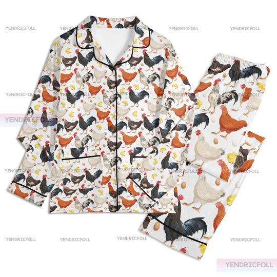 Discover Chicken Unisex Long Sleeve Adult Nightwear Pajama Set, Chicken Pajamas Set, Chicken Adult Pajamas Set, Silk Pajamas Set, Christmas Gifts