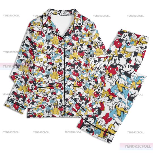 Discover Mickey Mouse Cartoon Unisex Long Sleeve Adult Nightwear Pajama Set, Mickey Pajamas, Adult Pajamas Set, Silk Pajamas Set, Christmas Gift