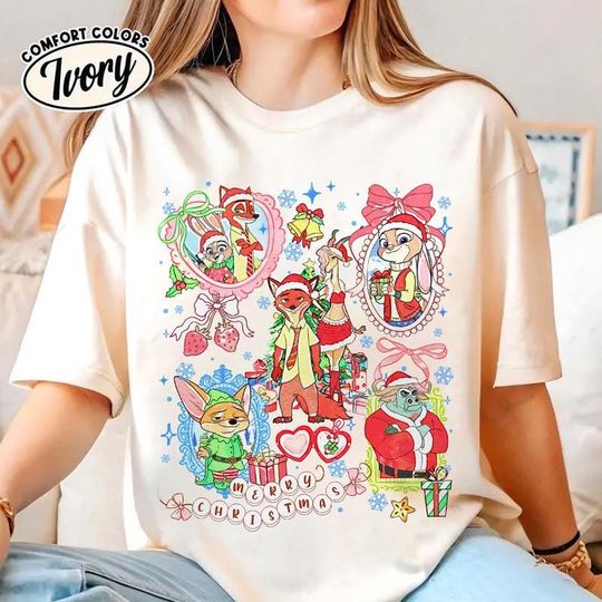 Discover Coquette Bow Zootopia Christmas Shirt, Judy Hopps and Nick Wilde Christmas Shirt, Nick and Judy Shirt, Disneyland Christmas 2025 Shirt 06