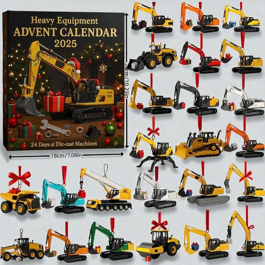 Discover Heavy Equipment Advent Calendar 2025, 24 Day Christmas Countdown, 2D Construction Vehicle Ornaments, Excavator and Truck Toy Set