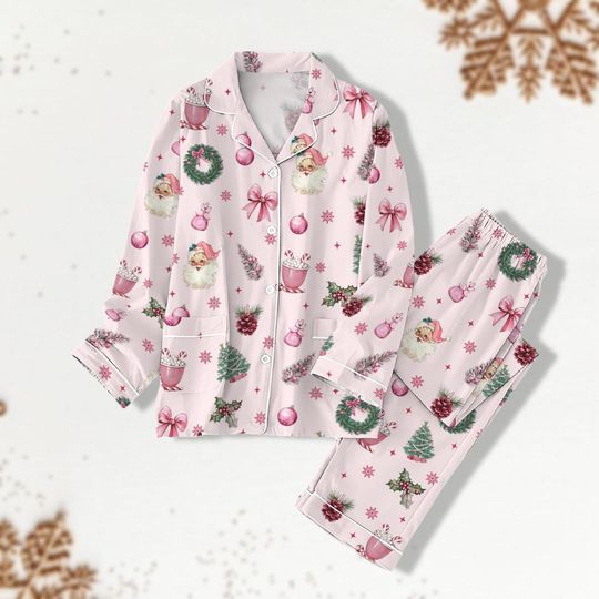 Discover Pink Santa Christmas Pajama Set with Bow for Adults, Holiday Family Pajamas