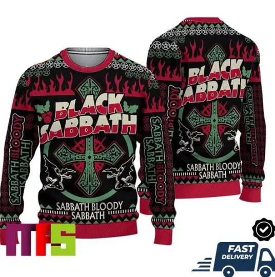 Discover Black Sa1bbath Sabbath Bloody Sabbath Fire Pattern For Holiday Ugly Sweater
