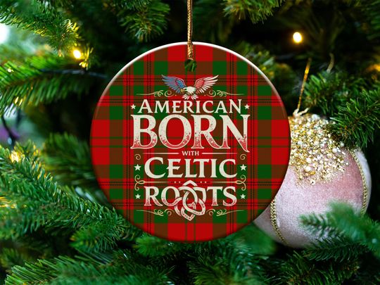 Discover American Born Celtic Roots Ceramic Ornament: Round, Tartan Patterned, Cultural Heritage