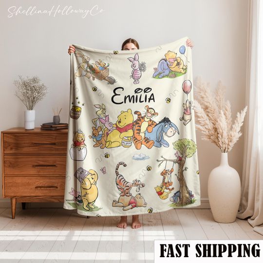 Discover Personalized Winnie the Pooh Baby Blanket, Custom Name Baby Gift, Soft Nursery Throw, Piglet Tigger Bear Blanket