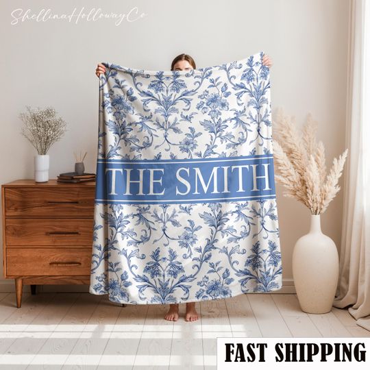 Discover Personalized French Toile Fleece Blanket with Monogram, Blue Floral Throw, Chinoiserie Bed Linen, Housewarming Gift