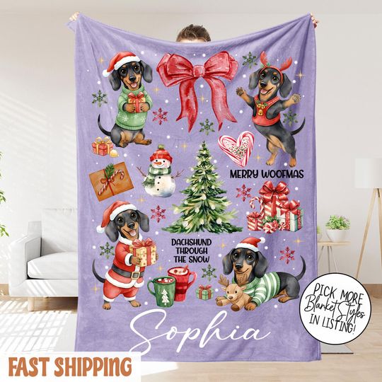 Discover Custom Dachshund Christmas Fleece Blanket, Dog Lover Gift, Cozy Pet Decor