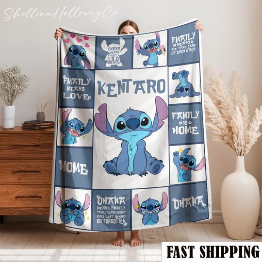 Discover Personalized Disney Stitch Blanket with Custom Name, Kids Stitch Birthday Gift
