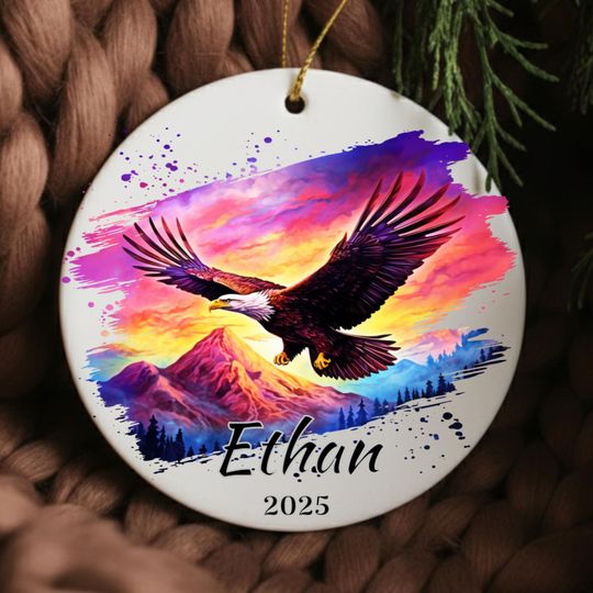 Personalized Bald Eagle Ornament - Mountain Sunset Design - Custom Name Gift -Custom Wildlife Ornament - Great For Ornament Gift Exchange