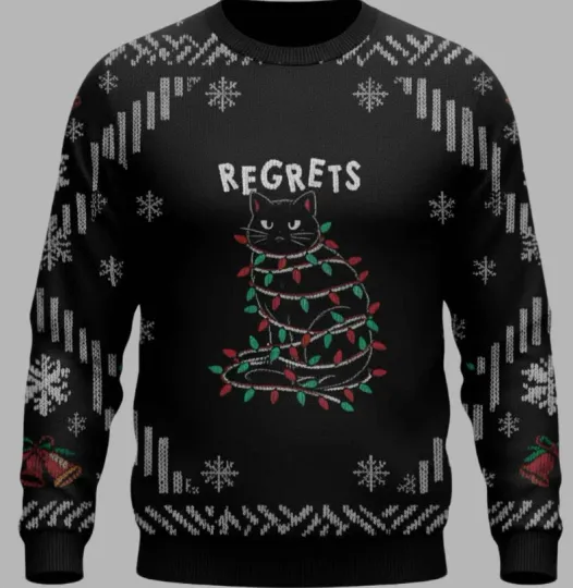 Black Cat Tangled Up On Christmas Lights Christmas Ugly Sweater