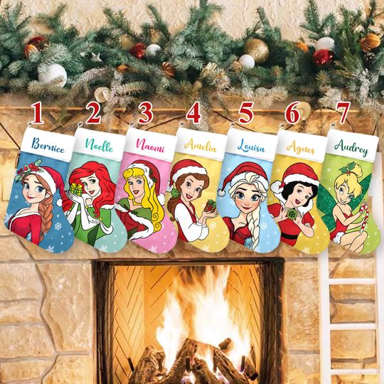 Personalized Elsa Cinde Snow White Xmas Stocking, Tinker Bell Santa Hat Christmas Stockings, Princess Christmas Socks Home Decor