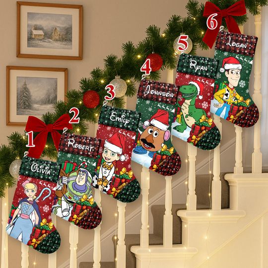 Personalized Toy Story Xmas Stocking, Woody Buzz Lightyear Rex Bo Beep Santa Hat Christmas Stockings, Toy Story Christmas Socks Home Decor