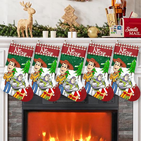 Woody And Buzz Lightyear Santa Hat Xmas Stocking, Toy Story Christmas Stockings, Christmas Socks Home Decoration, Custom Name