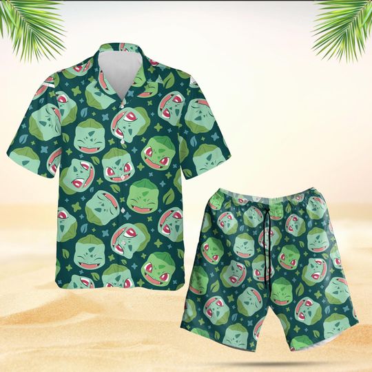 Anime Hawaiian Shirts, Bulbasaur Beach Shirt, Water Type Aloha, Gift For Him, Poke Lover Y2K Crewneck, Family Trip Shirt PSH1631-PQH1631